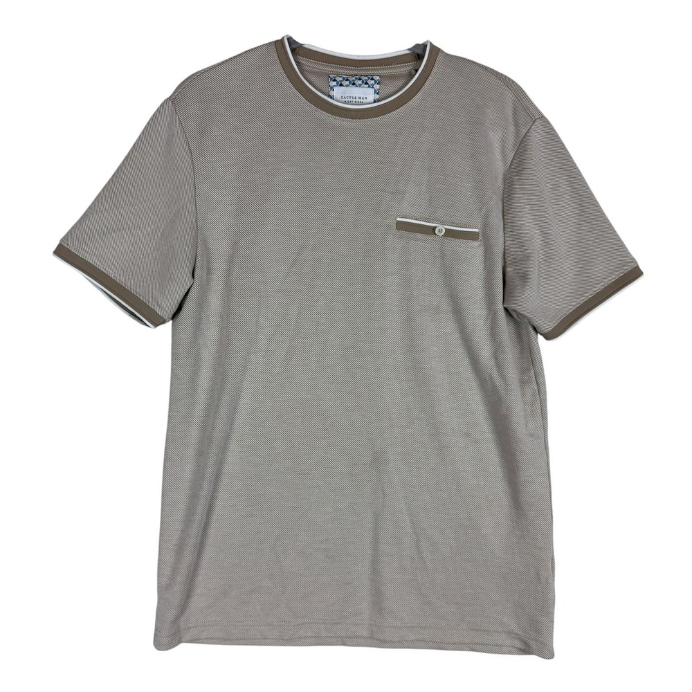 Cactus Man‎ Shirt Mens Medium Beige Stripe Ringer Crewneck Pocket Jersey Tee